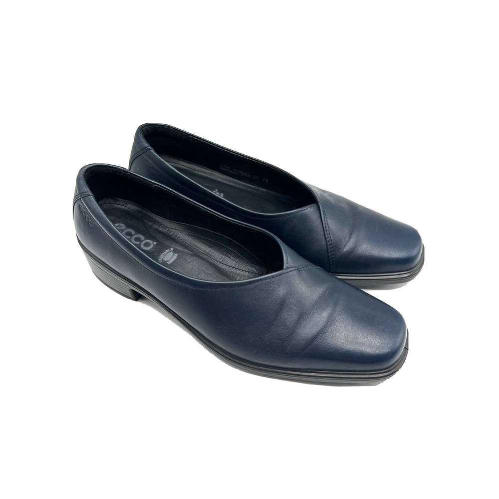 Ecco Womens 41 Loafers Leather Slip On Navy Block Heel Casual Career Square Toe